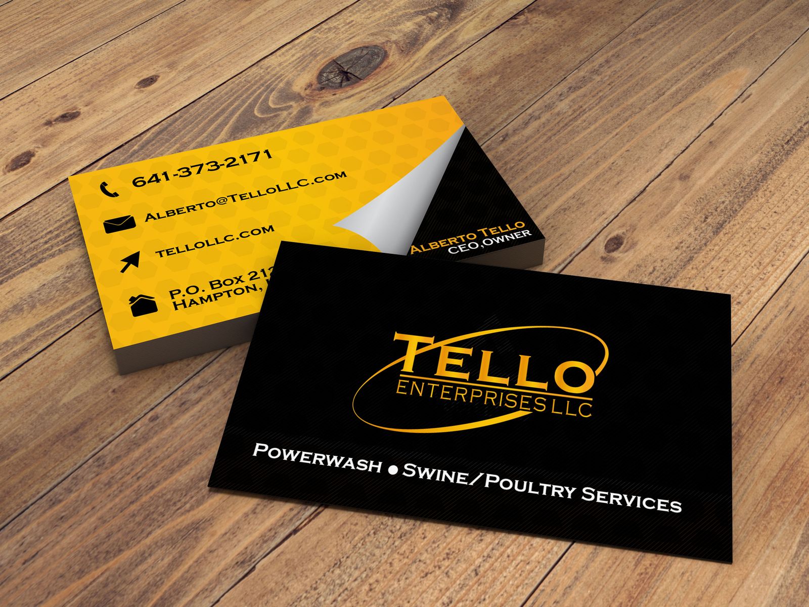 Close-up of Tello Enterprises business card back panel