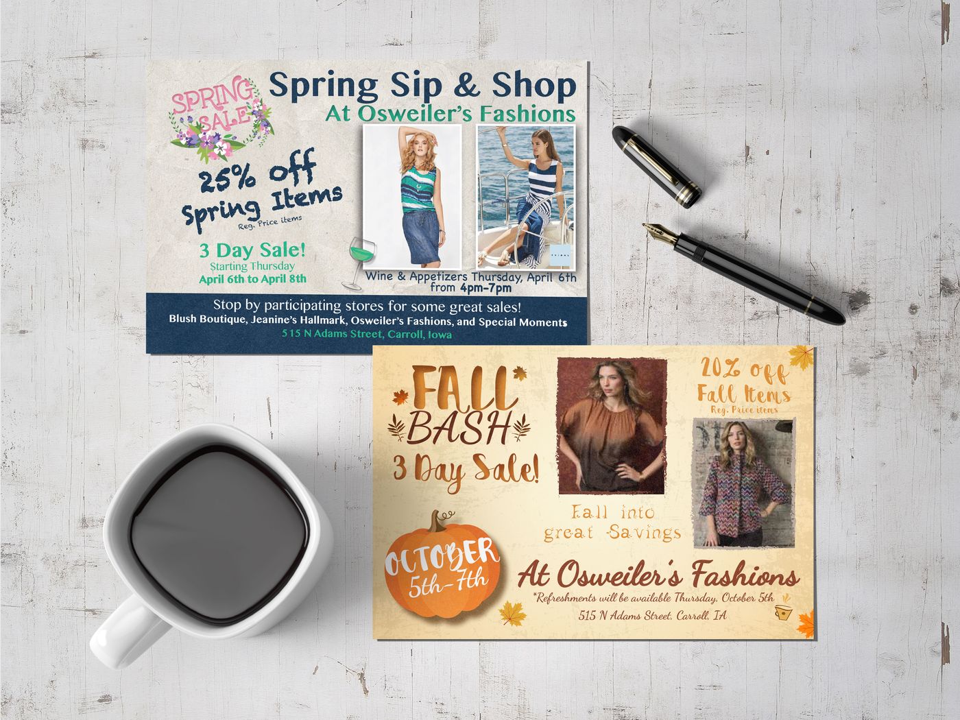 Spring Sip and Shop and Fall Bash promotional postcards