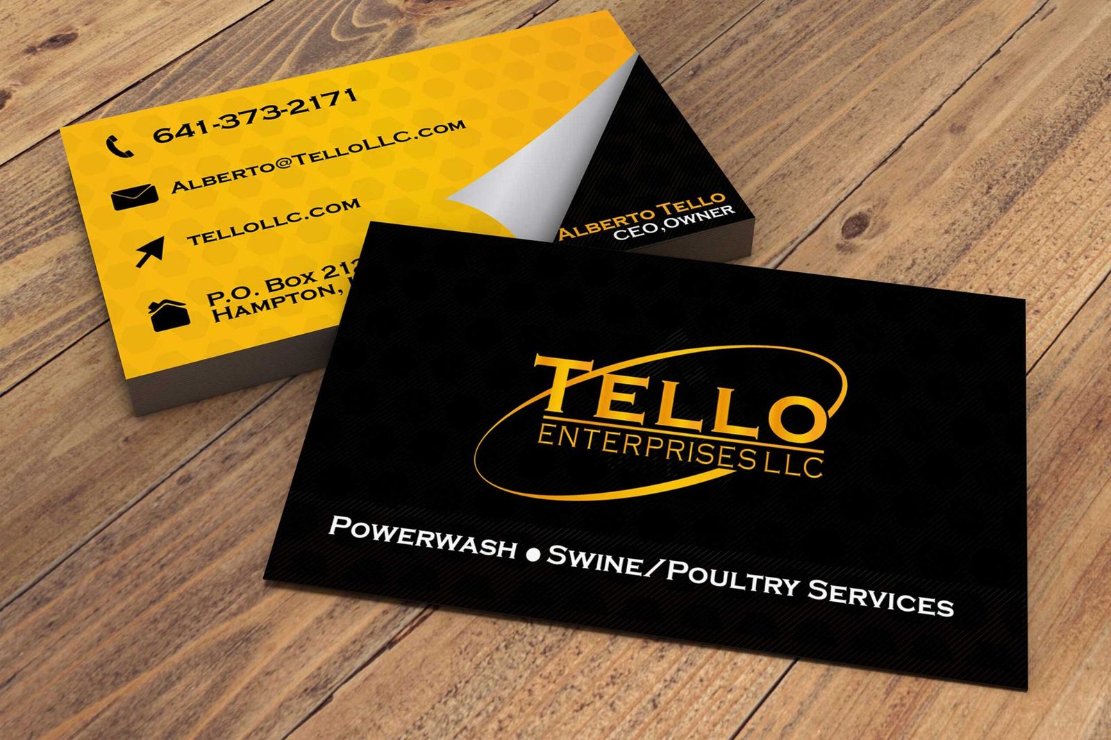 Tello Enterprises LLC business card, black and gold